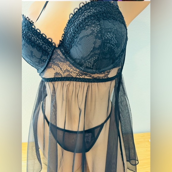 Victoria’s Secret Eyelash Lace Babydoll Lingerie Embroidered Black 36C - CUPS - Picture 2 of 8
